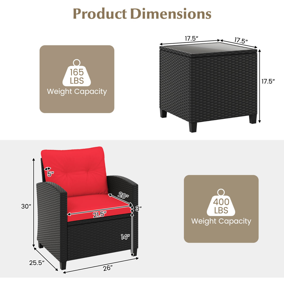 3-Piece Patio Furniture Set with Rattan - Red