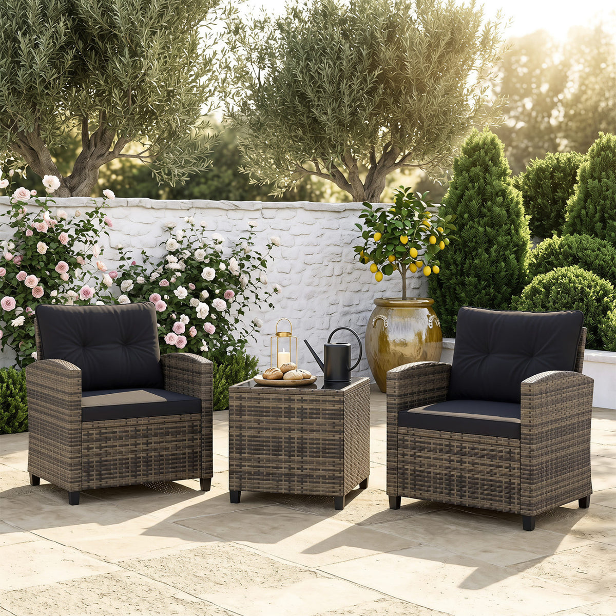 3-Piece Patio Furniture Set with Tempered Glass Table - Black & Brown Rattan