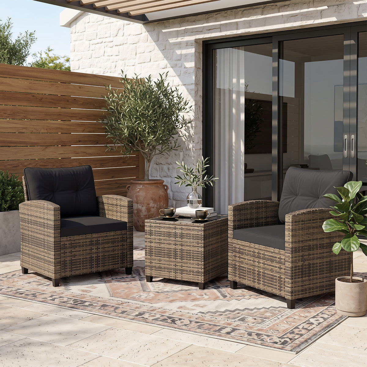 3-Piece Patio Furniture Set with Tempered Glass Table - Black & Brown Rattan
