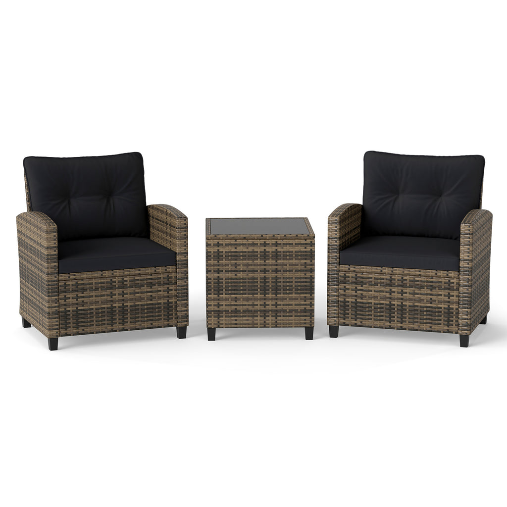 3-Piece Patio Furniture Set with Tempered Glass Table - Black & Brown Rattan