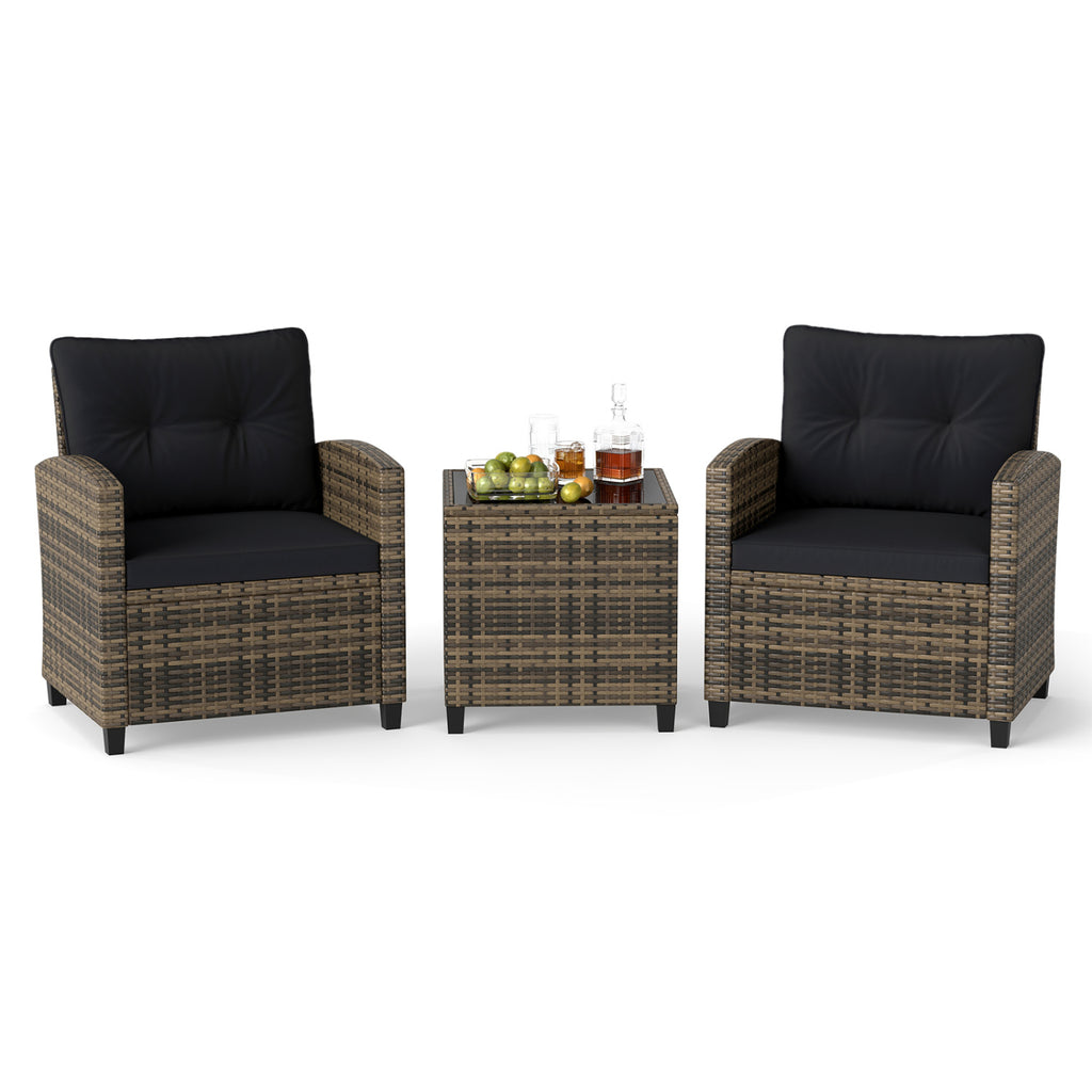 3-Piece Patio Furniture Set with Tempered Glass Table - Black & Brown Rattan