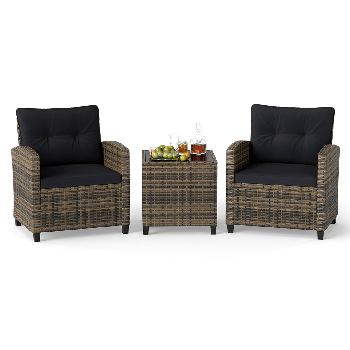 3-Piece Patio Furniture Set with Tempered Glass Table - Black & Brown Rattan