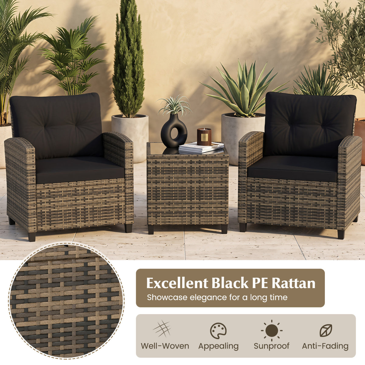 3-Piece Patio Furniture Set with Tempered Glass Table - Black & Brown Rattan