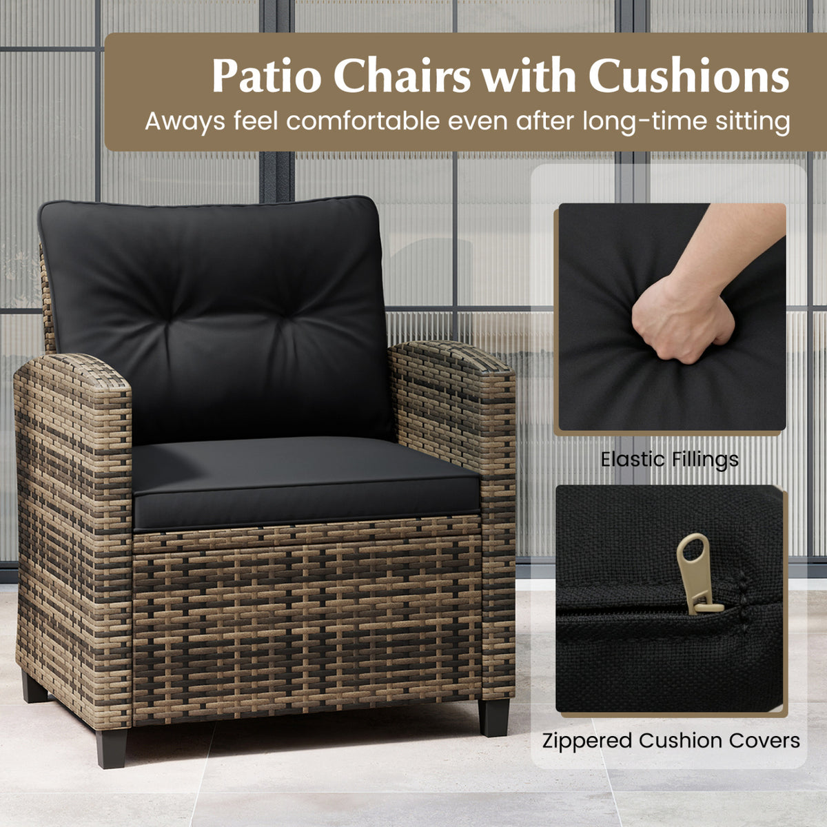 3-Piece Patio Furniture Set with Tempered Glass Table - Black & Brown Rattan