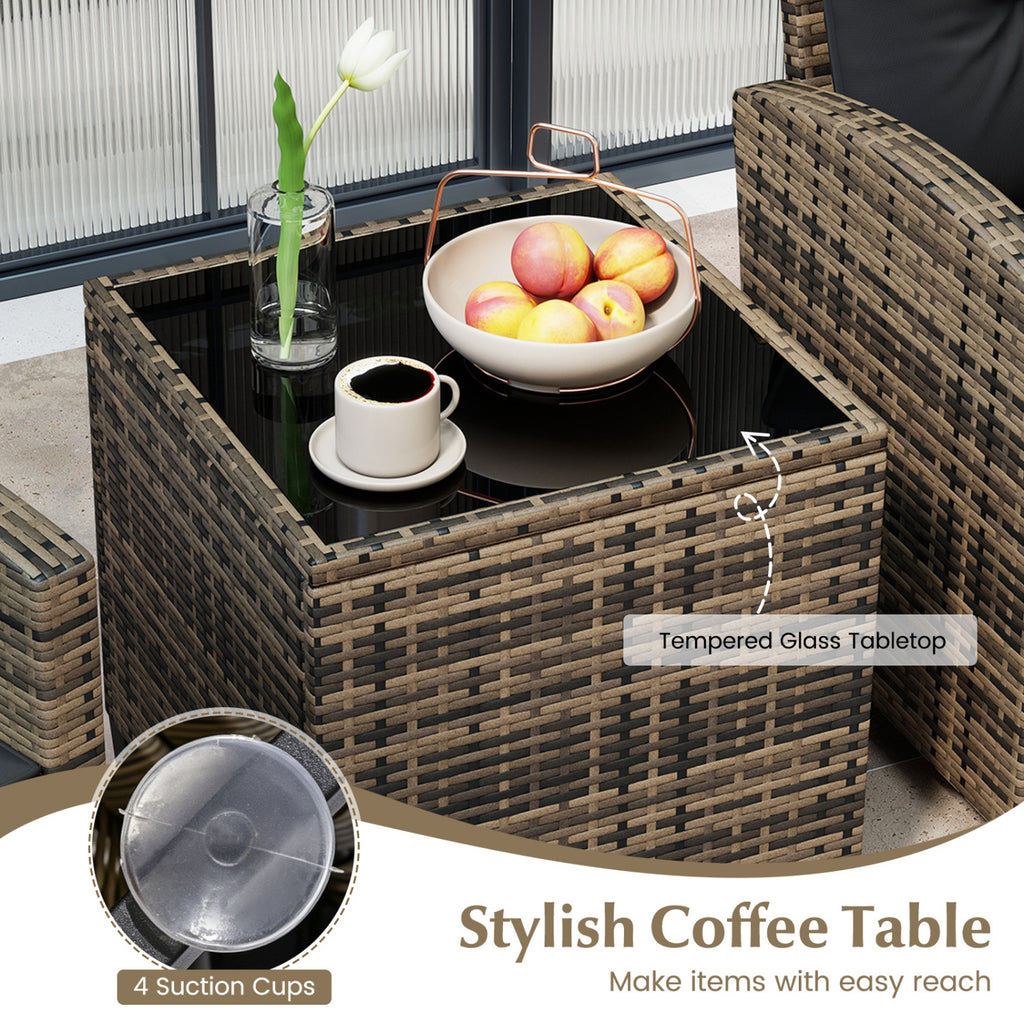 3-Piece Patio Furniture Set with Tempered Glass Table - Black & Brown Rattan