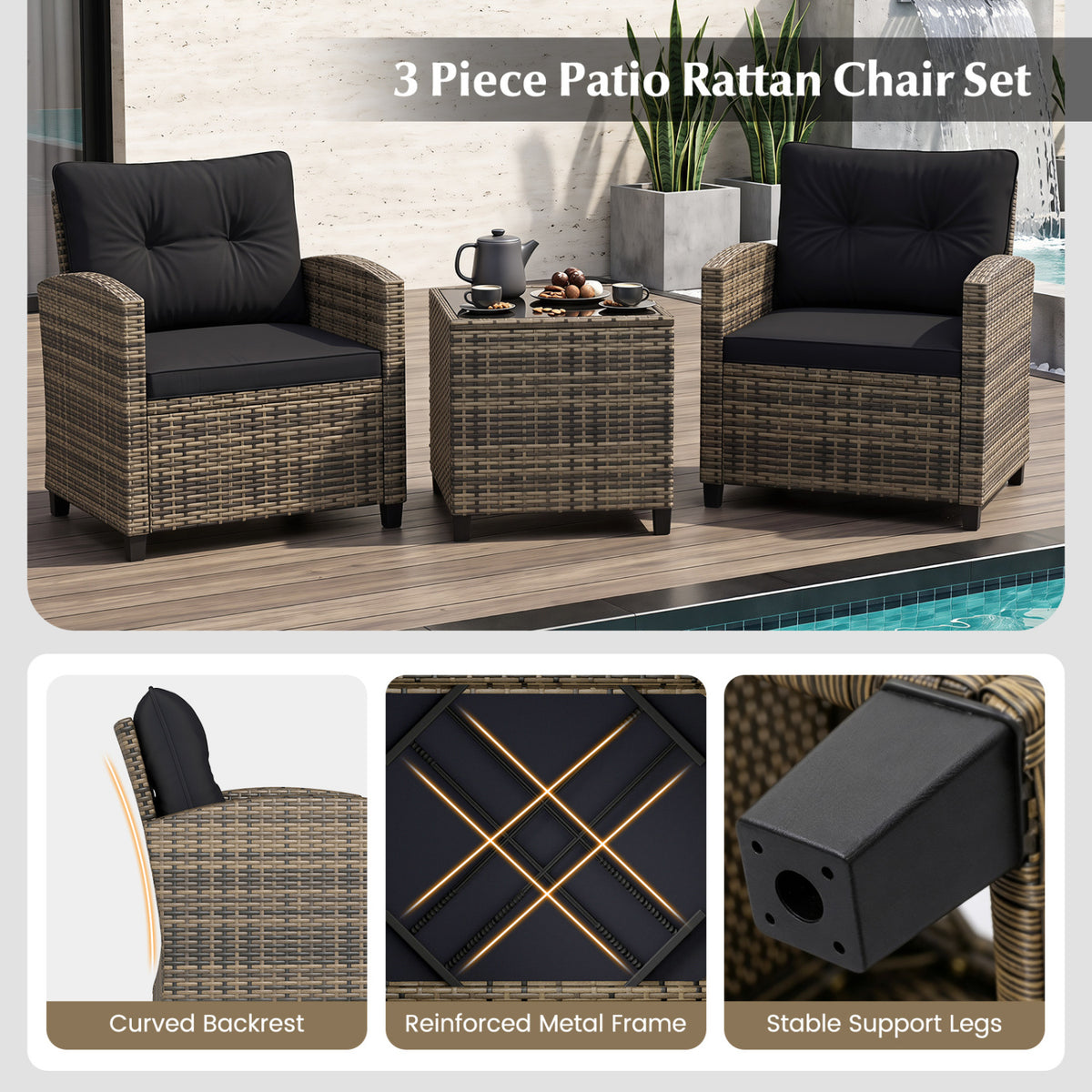 3-Piece Patio Furniture Set with Tempered Glass Table - Black & Brown Rattan