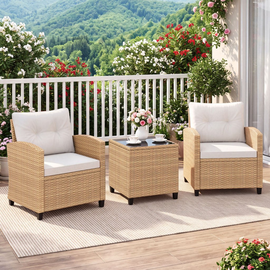 3-Piece Patio Furniture Set with Glass Coffee Table - Black & Brown Rattan