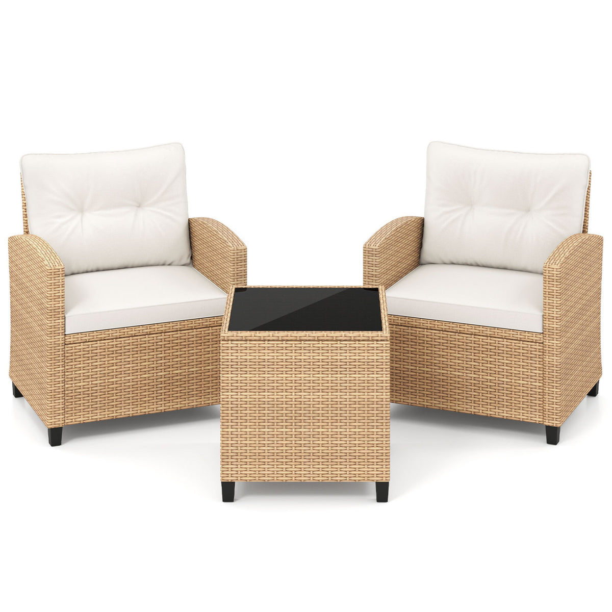 3-Piece Patio Furniture Set with Glass Coffee Table - Black & Brown Rattan