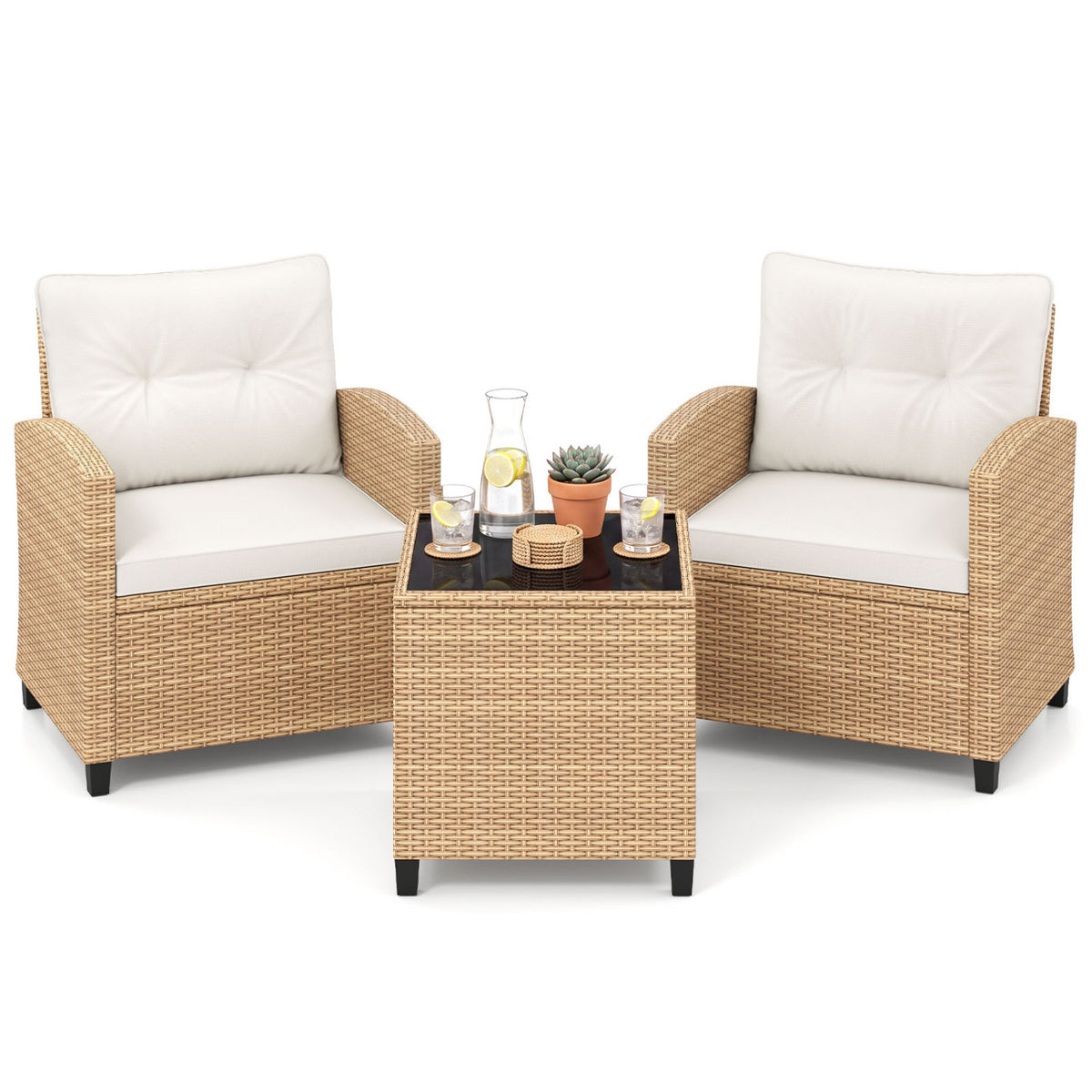 3-Piece Patio Furniture Set with Glass Coffee Table - Black & Brown Rattan