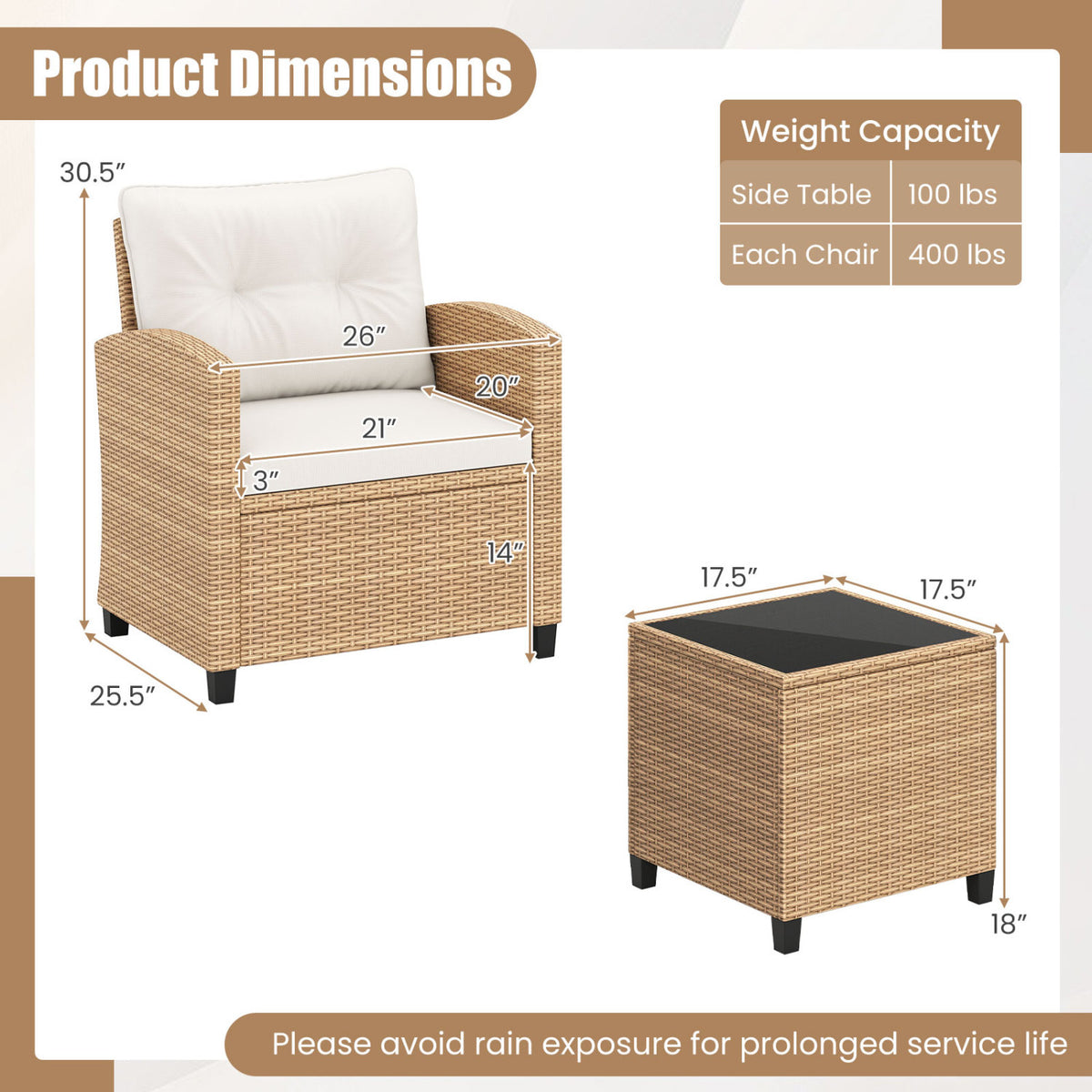 3-Piece Patio Furniture Set with Glass Coffee Table - Black & Brown Rattan