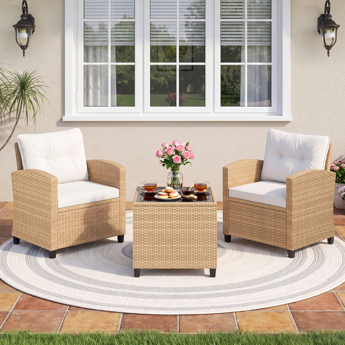 3-Piece Patio Furniture Set with Glass Coffee Table - Black & Brown Rattan