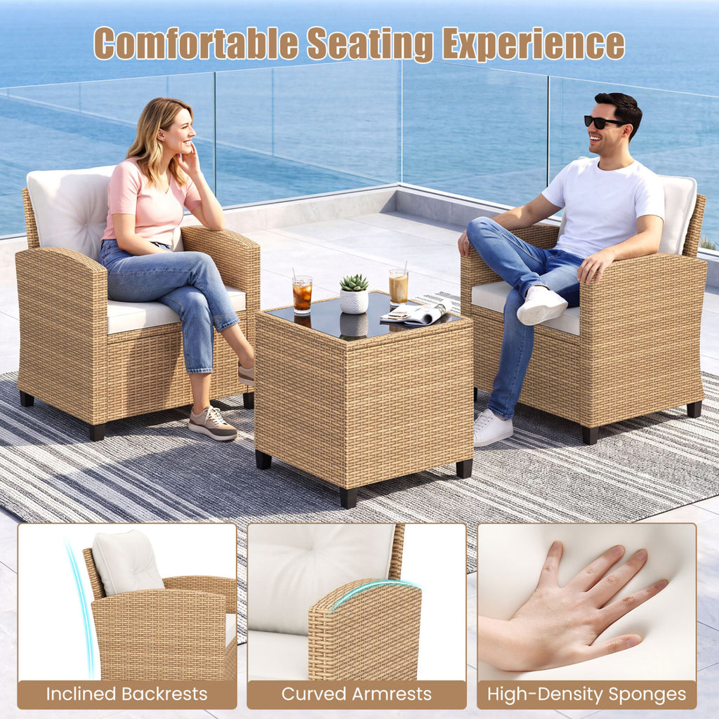 3-Piece Patio Furniture Set with Glass Coffee Table - Black & Brown Rattan