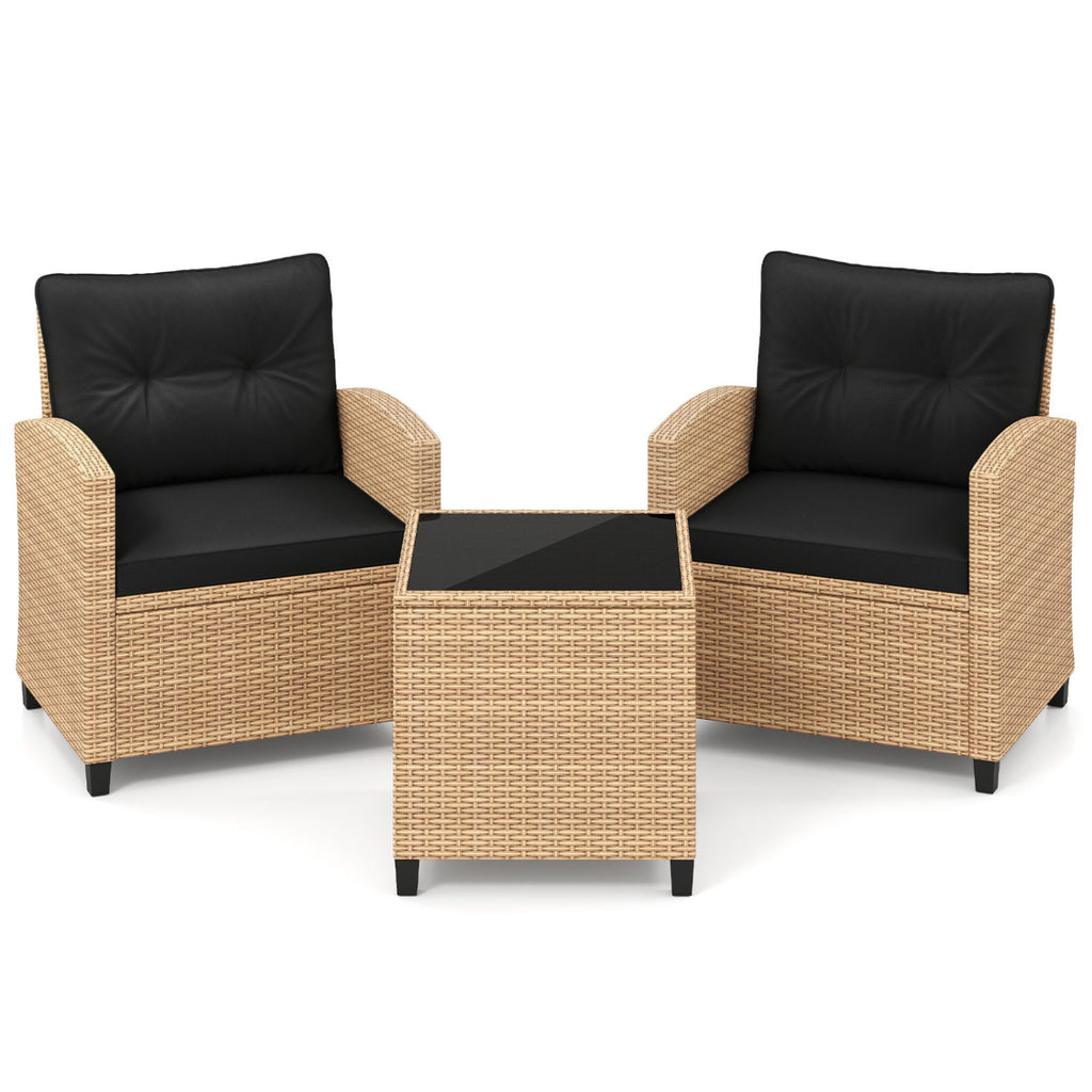3-Piece Patio Furniture Set with Tempered Glass Coffee Table, Tan & Black Rattan