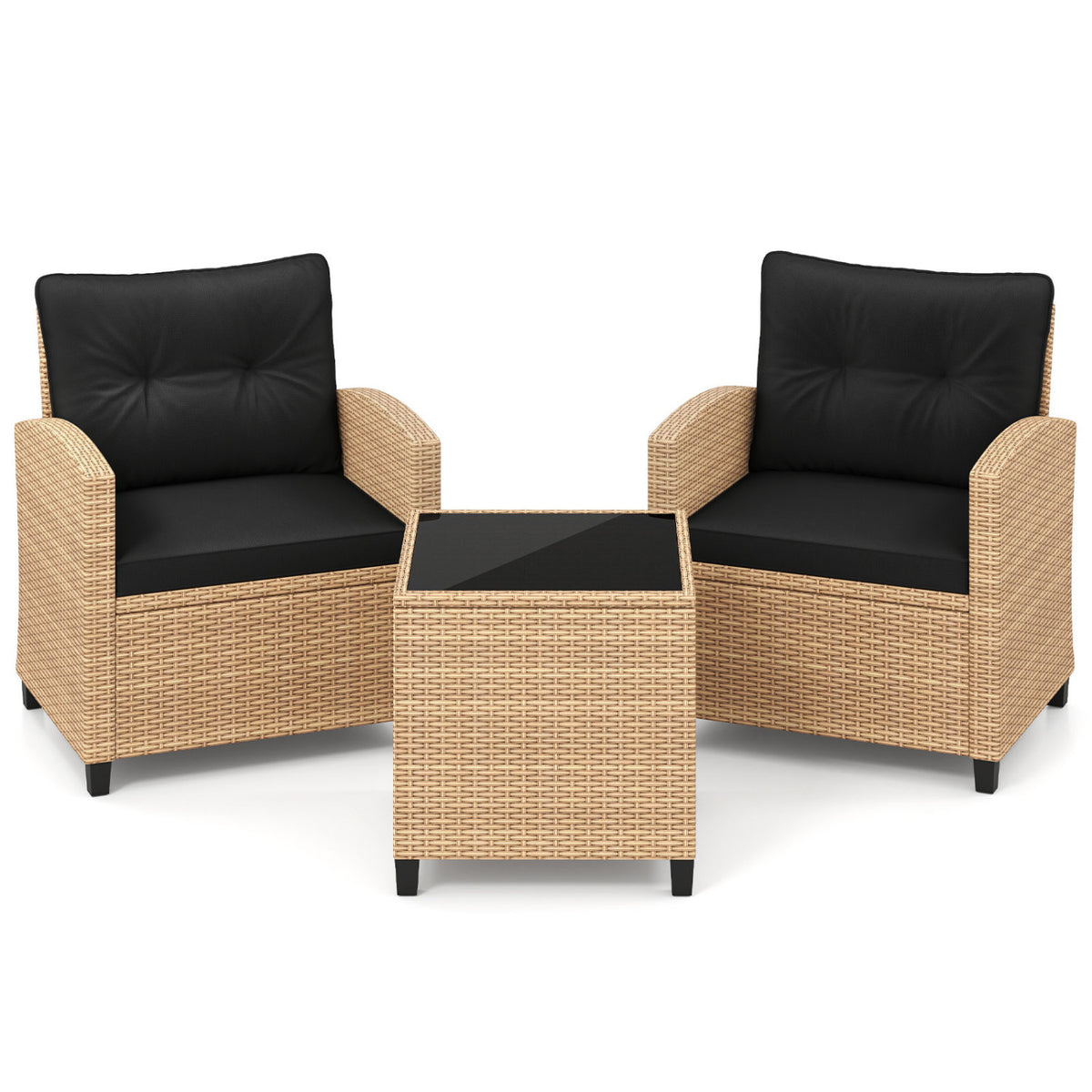 3-Piece Patio Furniture Set with Tempered Glass Coffee Table, Tan & Black Rattan
