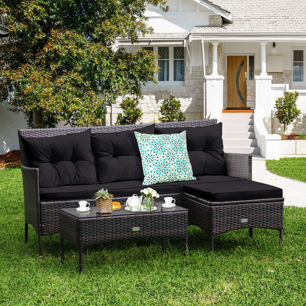3-Piece Patio Sectional Sofa Set with Cushions - Black