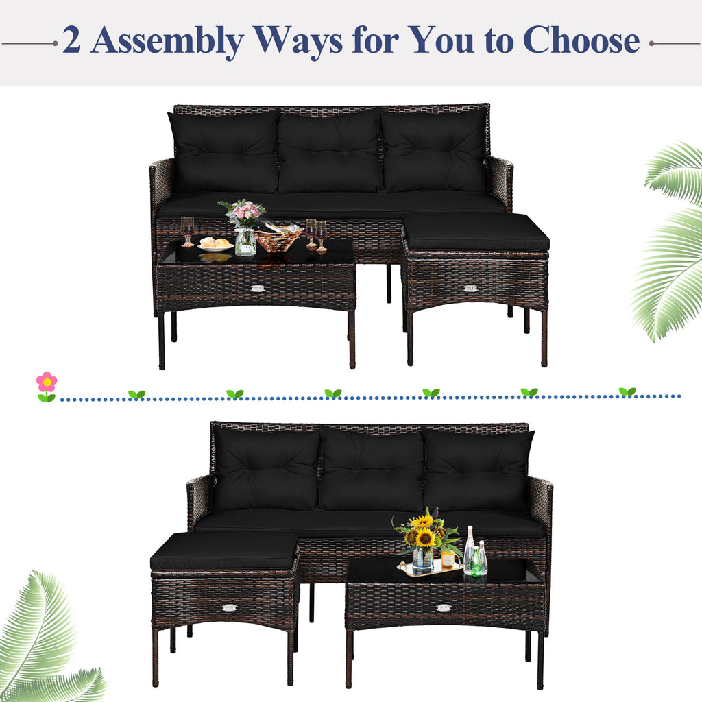 3-Piece Patio Sectional Sofa Set with Cushions - Black