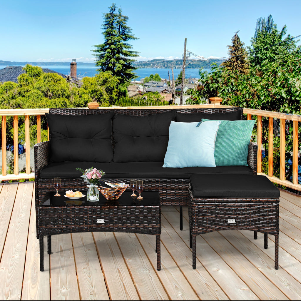 3-Piece Patio Sectional Sofa Set with Cushions - Black