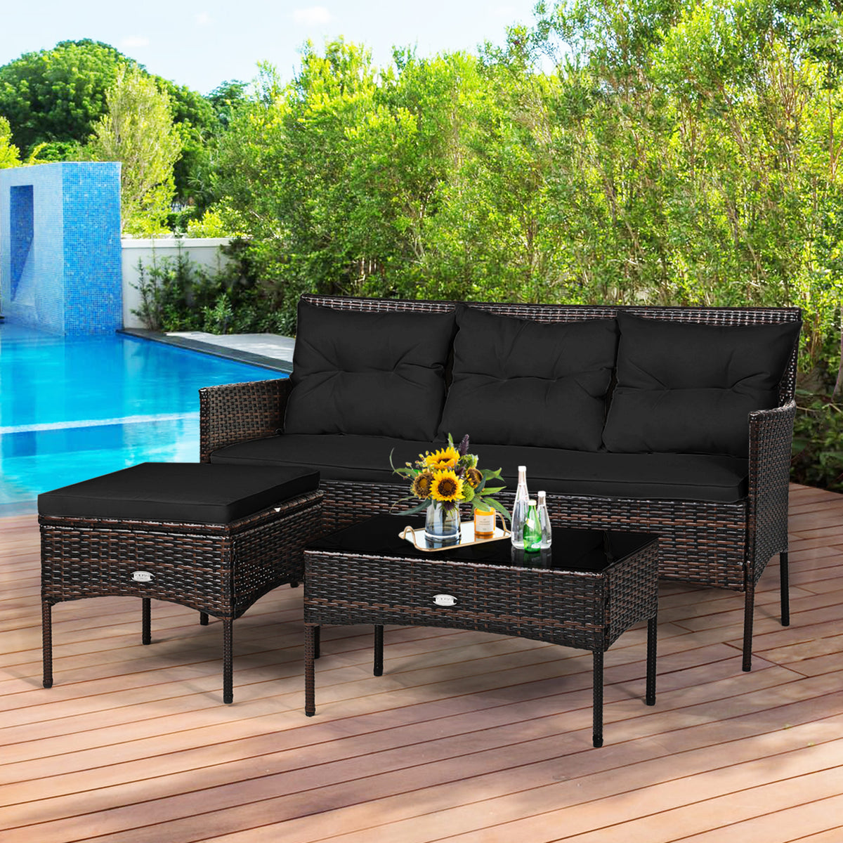 3-Piece Patio Sectional Sofa Set with Cushions - Black