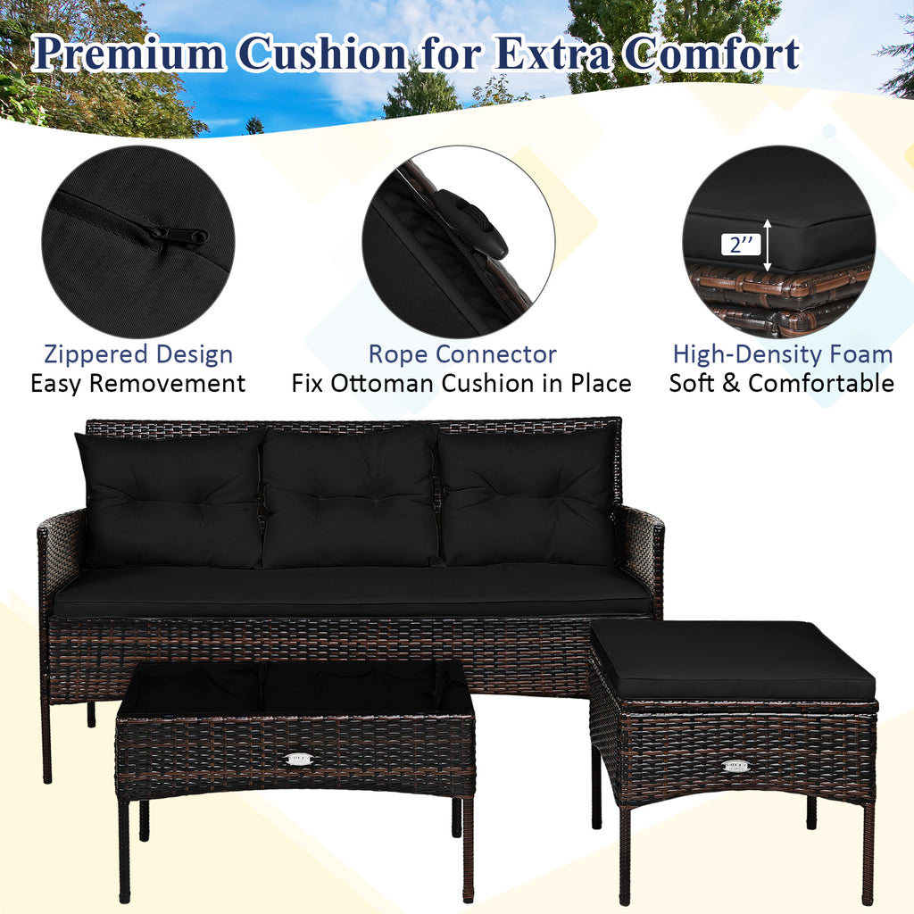 3-Piece Patio Sectional Sofa Set with Cushions - Black