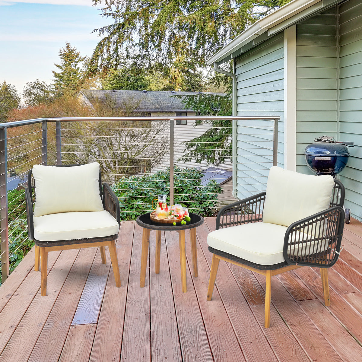 3 Pieces Acacia Wood Patio Furniture Set with Cushioned Wicker Chairs