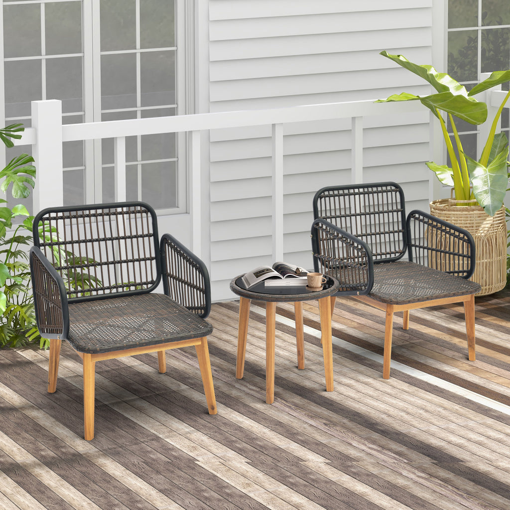3 Pieces Acacia Wood Patio Furniture Set with Cushioned Wicker Chairs