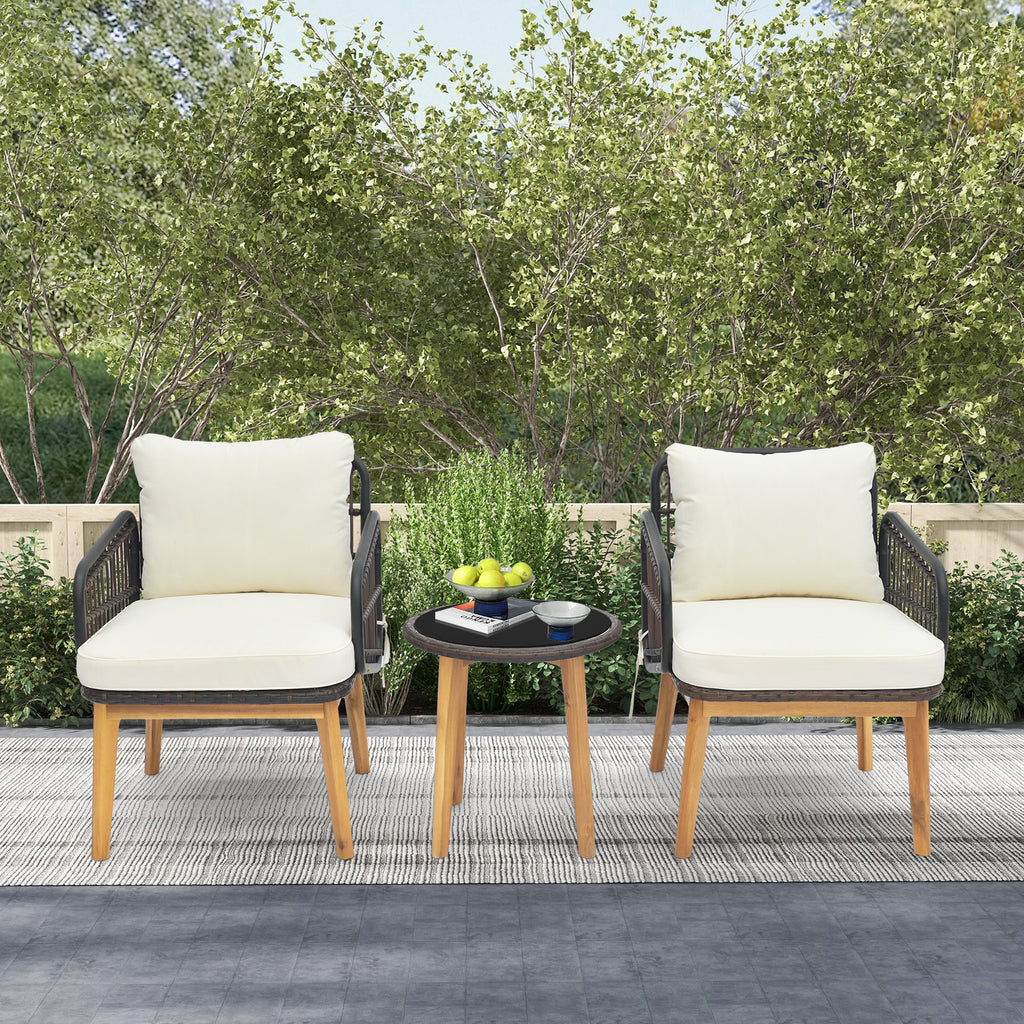 3 Pieces Acacia Wood Patio Furniture Set with Cushioned Wicker Chairs