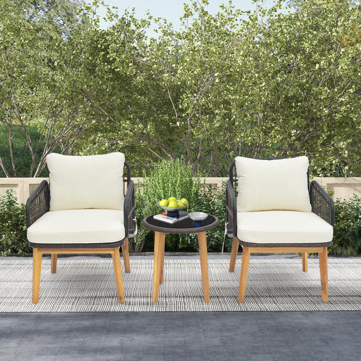 3 Pieces Acacia Wood Patio Furniture Set with Cushioned Wicker Chairs
