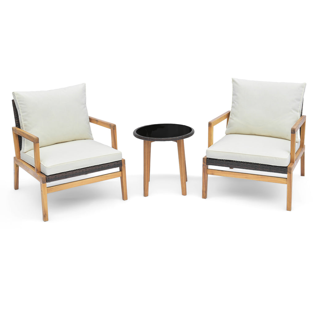 3 Pieces Acacia Wood Patio Furniture Set with Cushioned Wicker Chairs