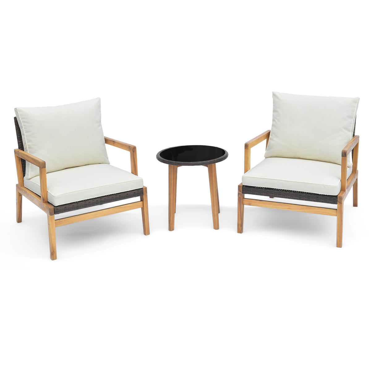 3 Pieces Acacia Wood Patio Furniture Set with Cushioned Wicker Chairs