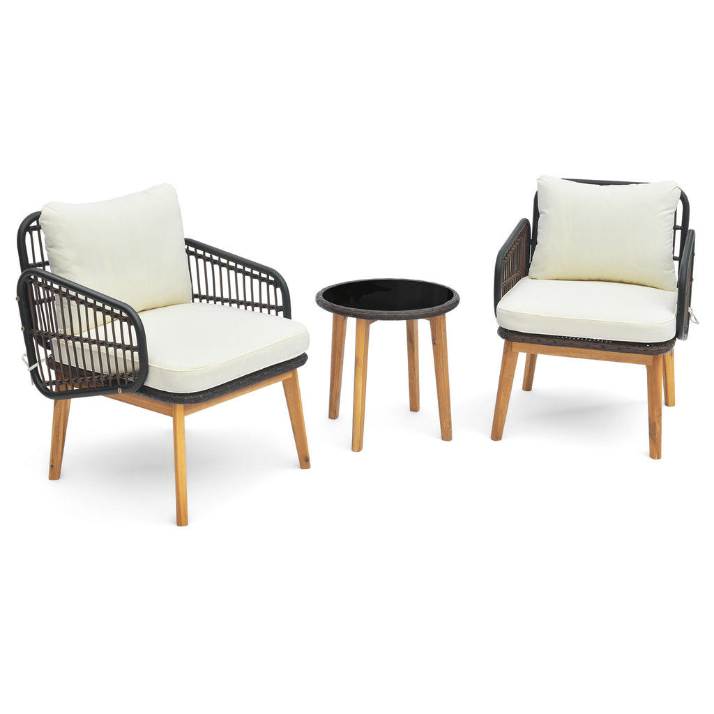 3 Pieces Acacia Wood Patio Furniture Set with Cushioned Wicker Chairs