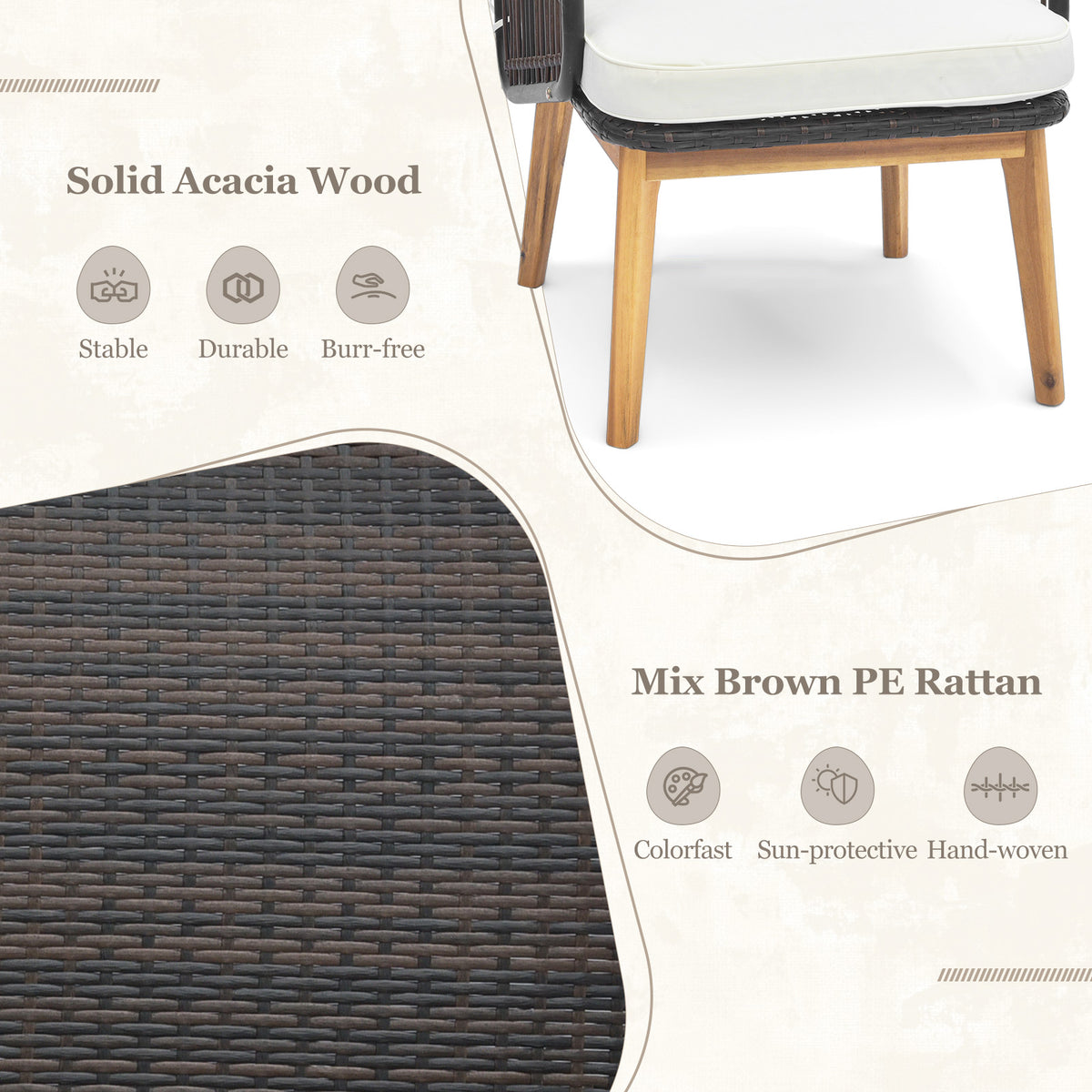 3 Pieces Acacia Wood Patio Furniture Set with Cushioned Wicker Chairs