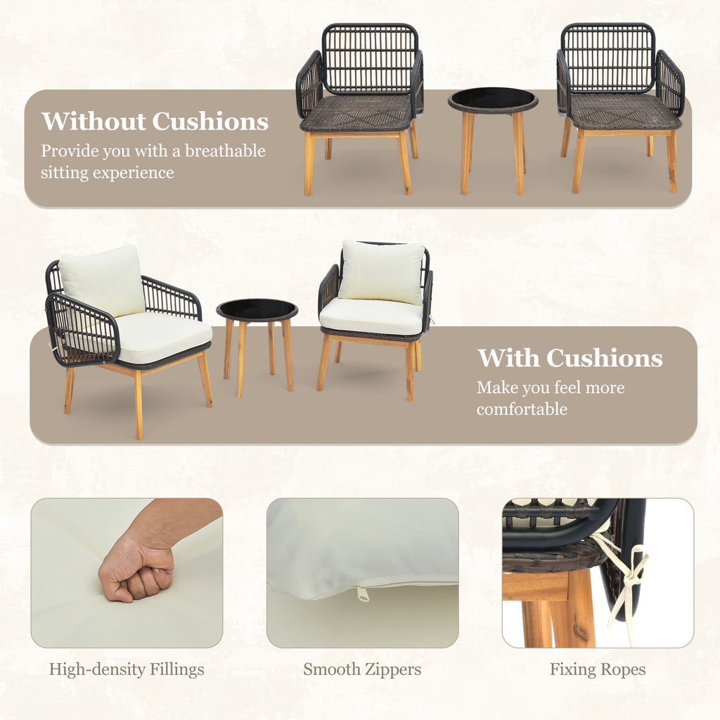 3 Pieces Acacia Wood Patio Furniture Set with Cushioned Wicker Chairs