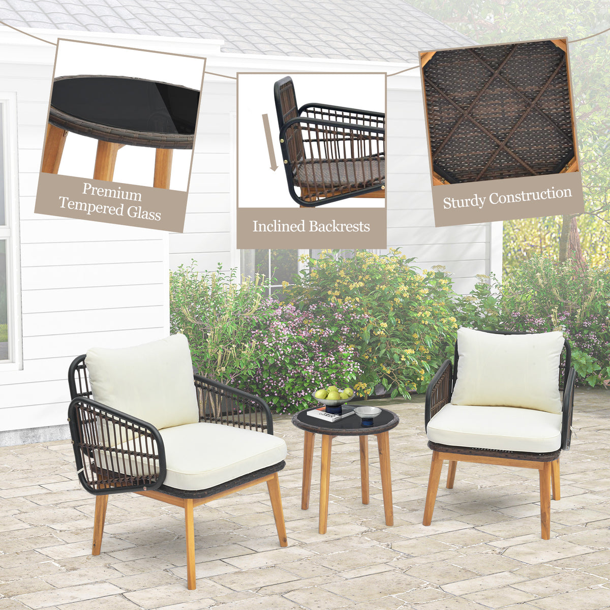 3 Pieces Acacia Wood Patio Furniture Set with Cushioned Wicker Chairs