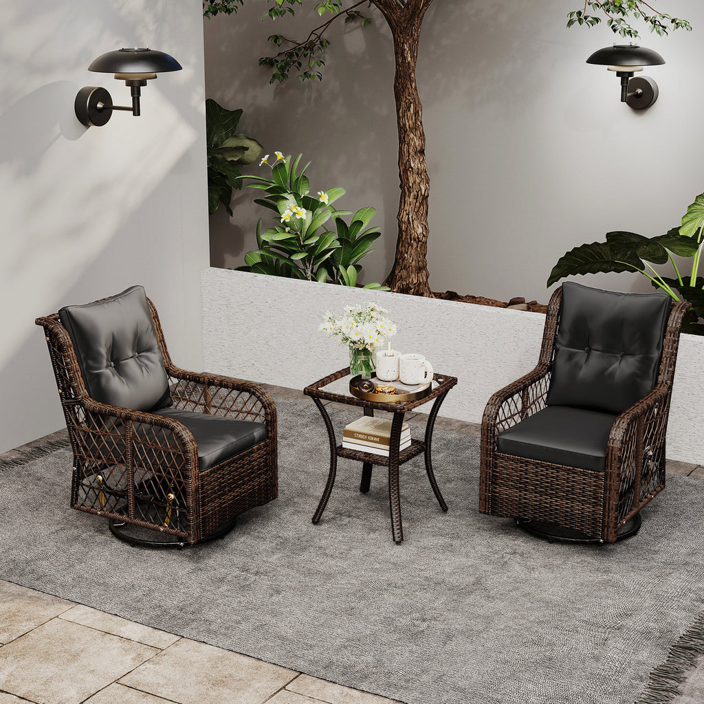 3 Pieces Patio Furniture Set PE Wicker Swivel Glider Chairs with