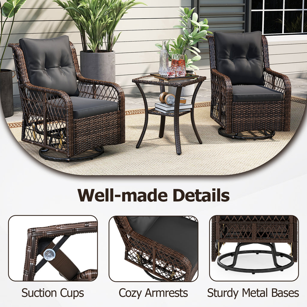 3 Pieces Patio Furniture Set PE Wicker Swivel Glider Chairs with