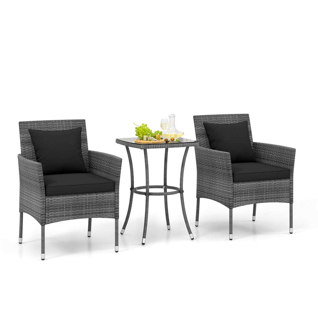3 Pieces Patio Furniture Set with Cushioned Chairs and Tempered Glass