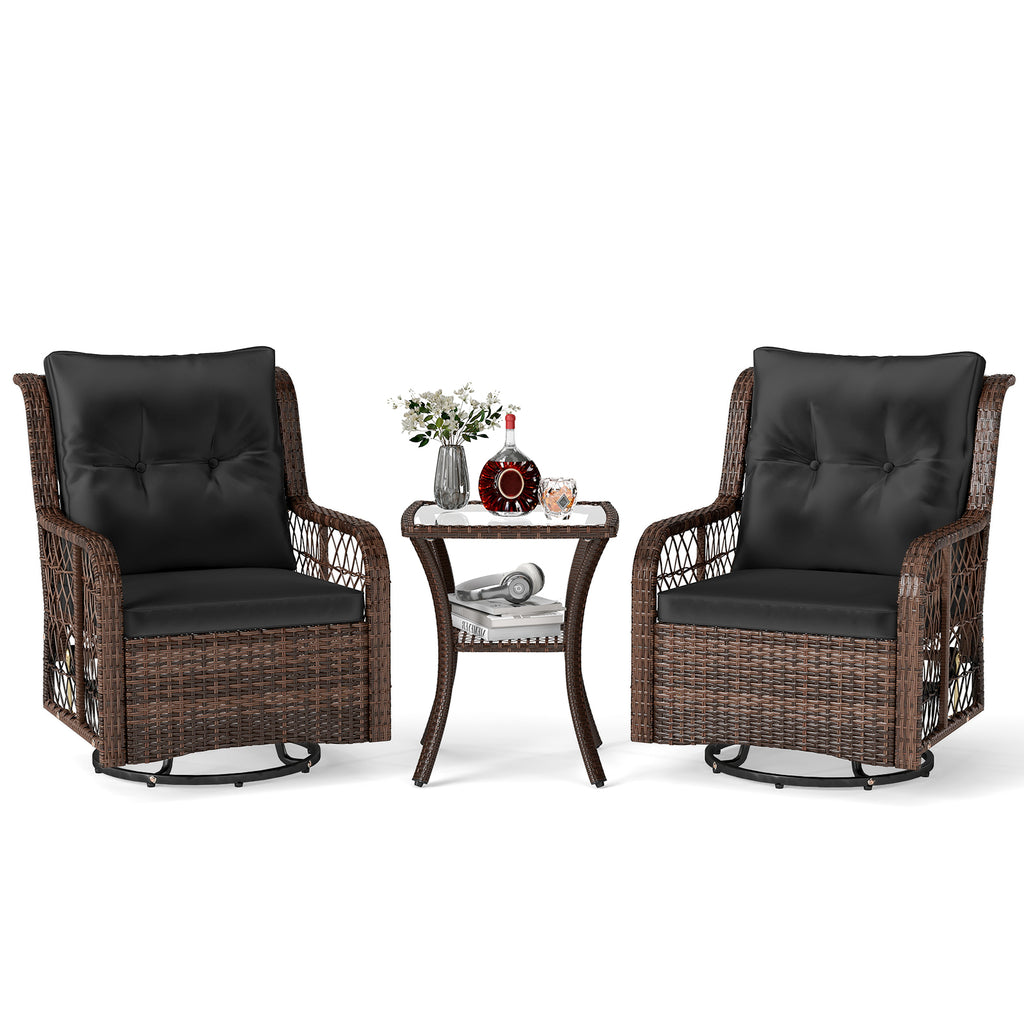 3 Pieces Patio Furniture Set PE Wicker Swivel Glider Chairs with