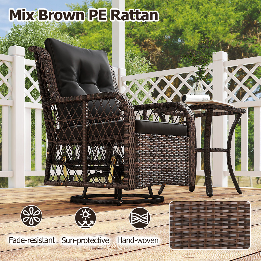 3 Pieces Patio Furniture Set PE Wicker Swivel Glider Chairs with