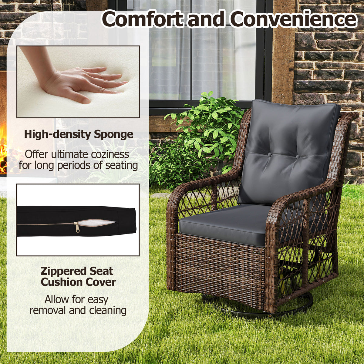 3 Pieces Patio Furniture Set PE Wicker Swivel Glider Chairs with