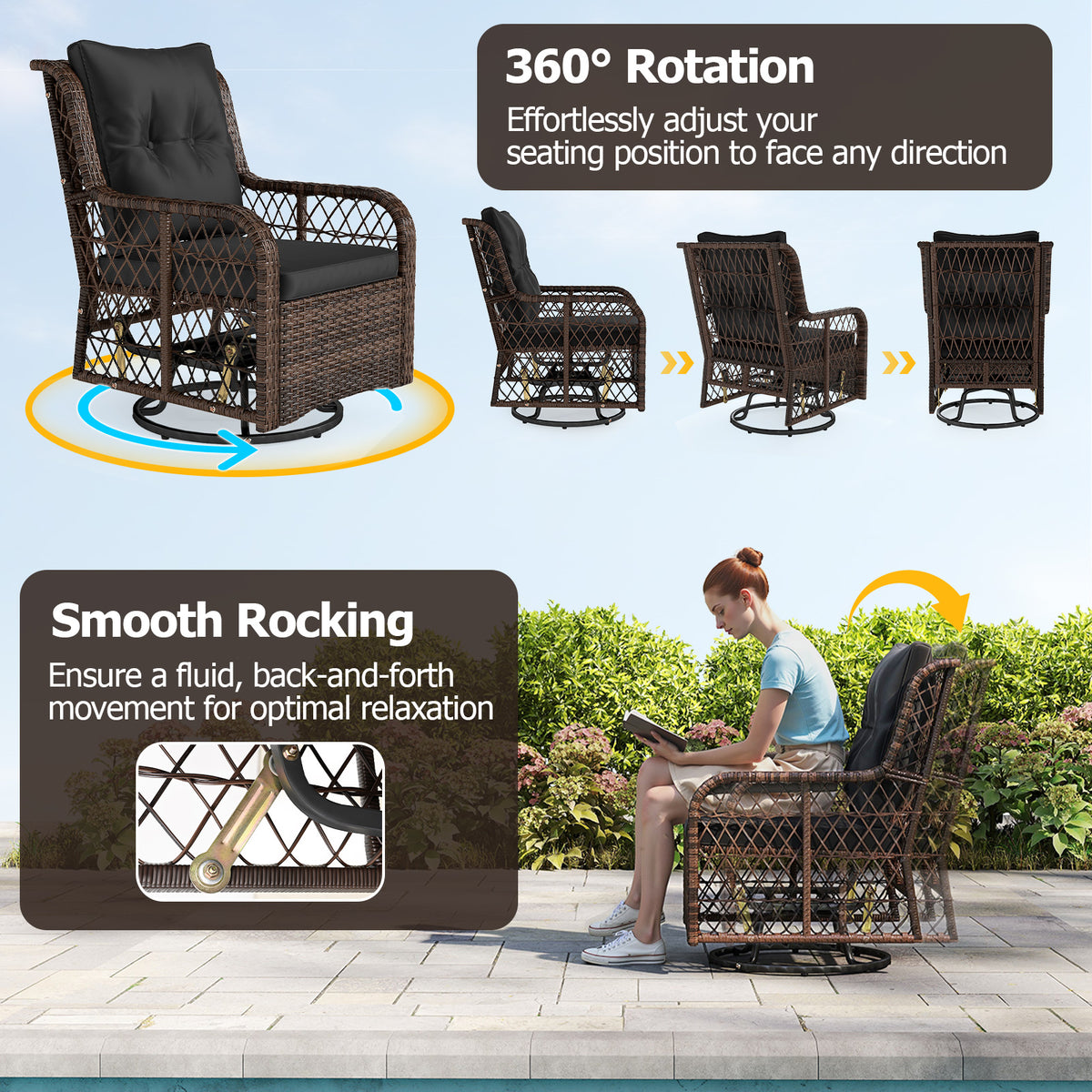 3 Pieces Patio Furniture Set PE Wicker Swivel Glider Chairs with