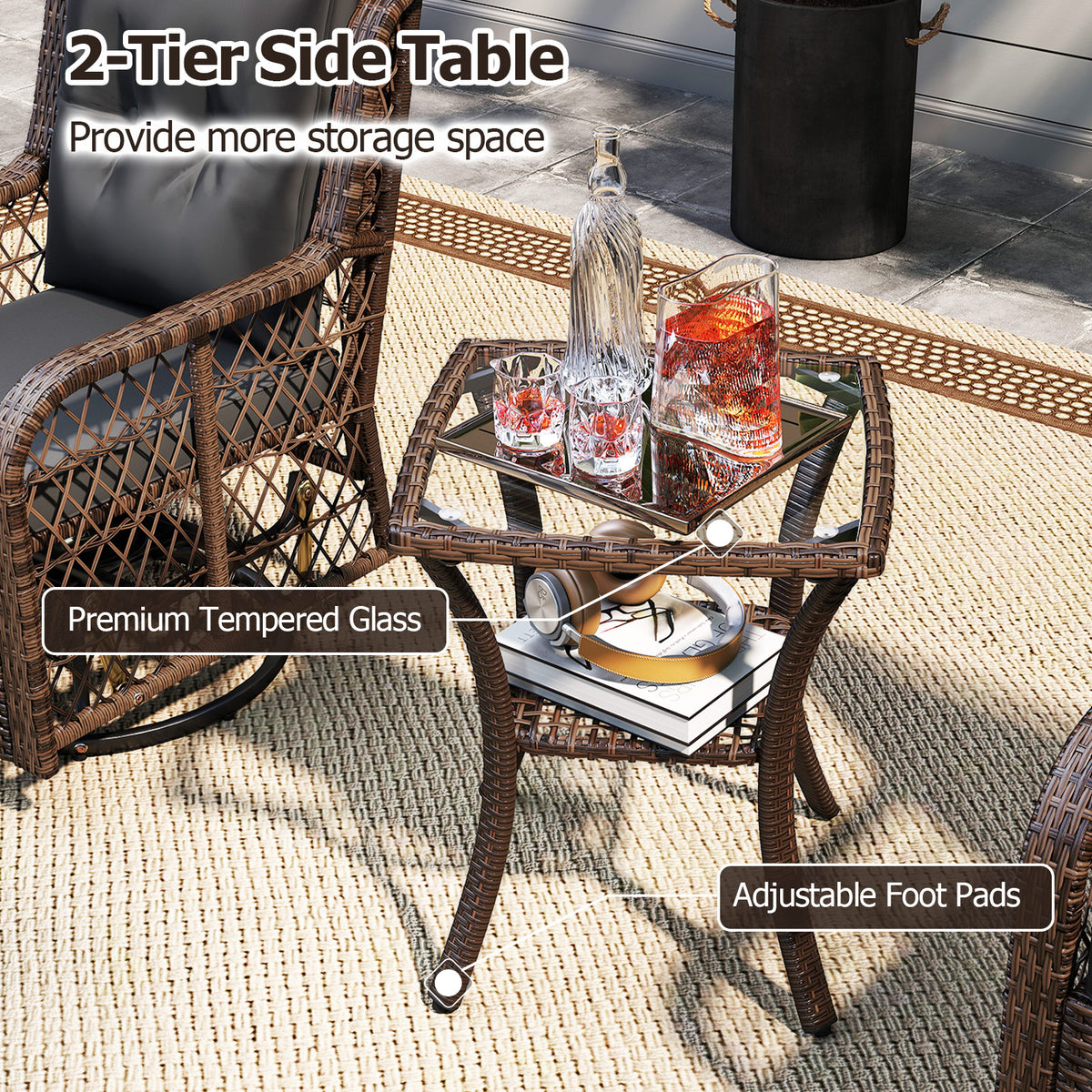 3 Pieces Patio Furniture Set PE Wicker Swivel Glider Chairs with