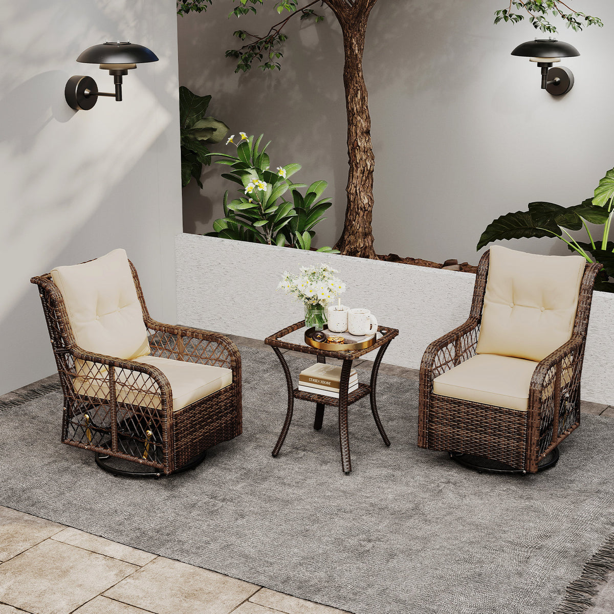 3 Pieces Patio Furniture Set PE Wicker Swivel Glider Chairs with