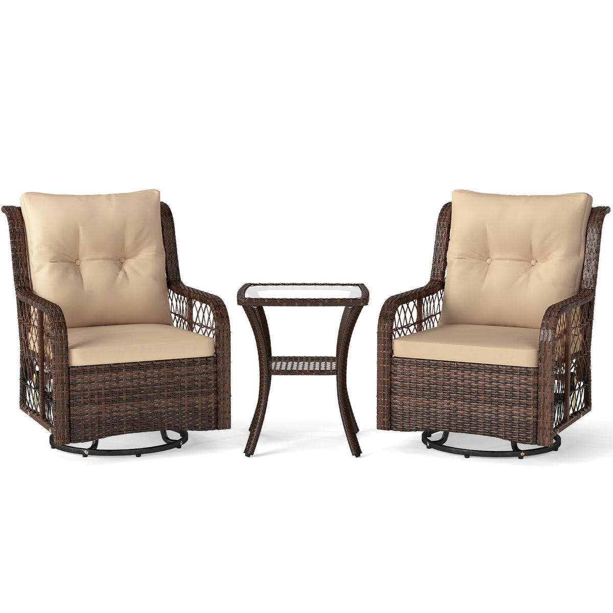 3 Pieces Patio Furniture Set PE Wicker Swivel Glider Chairs with