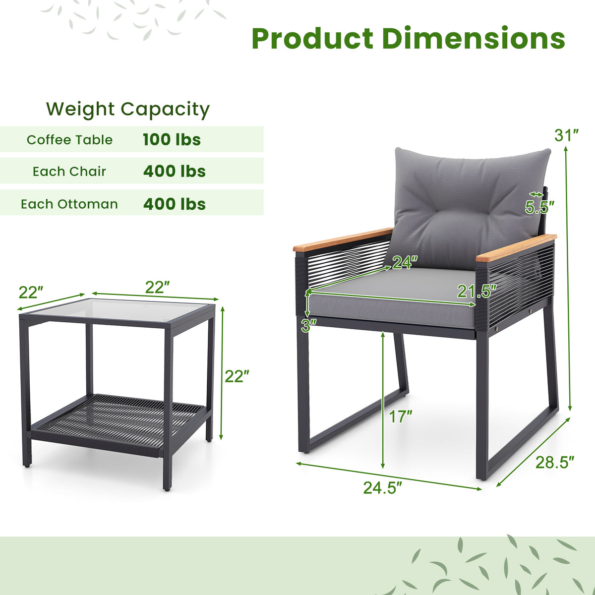 3 Pieces Patio Furniture Set with 2 Tier Coffee Table and Soft Seat