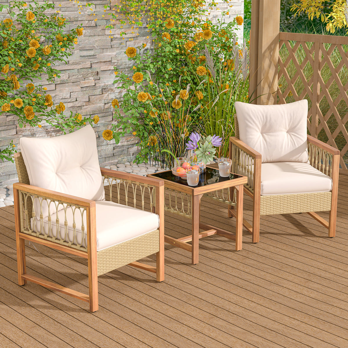 3-Piece Patio Furniture Set with Acacia Wood & Rattan - Brown