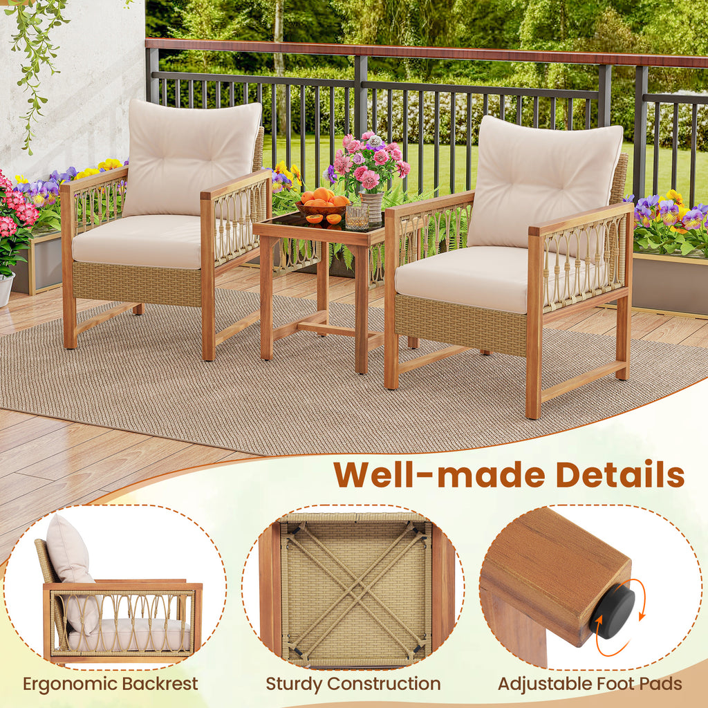 3-Piece Patio Furniture Set with Acacia Wood & Rattan - Brown