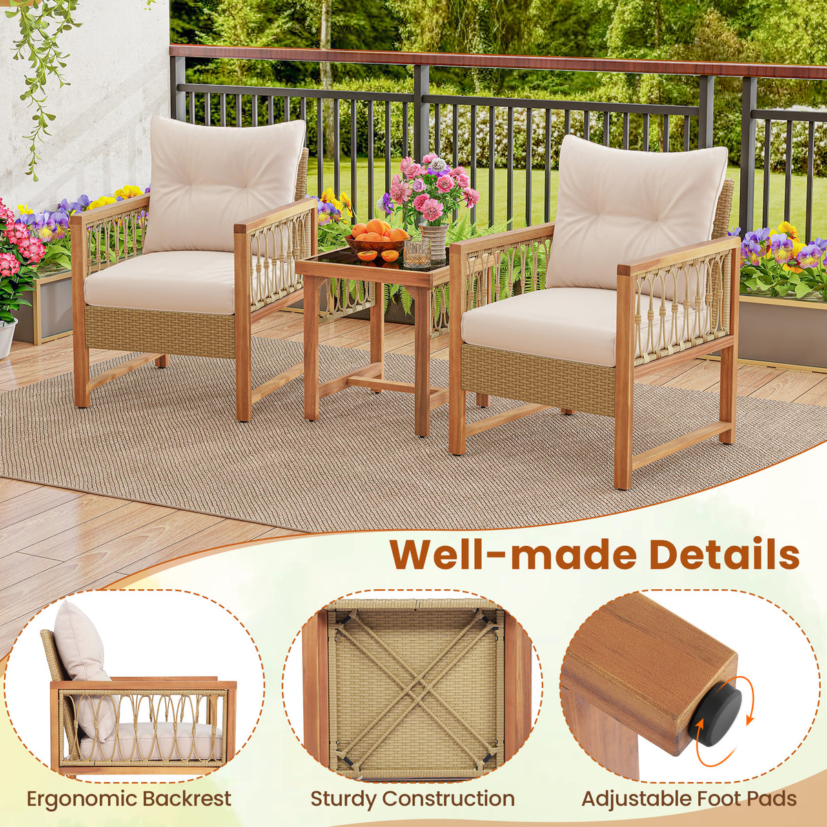 3-Piece Patio Furniture Set with Acacia Wood & Rattan - Brown