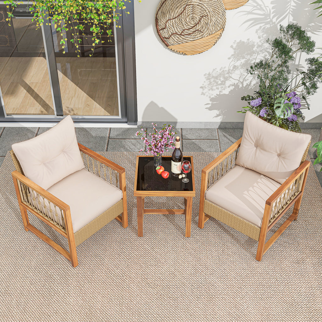 3-Piece Patio Furniture Set with Acacia Wood & Rattan - Brown