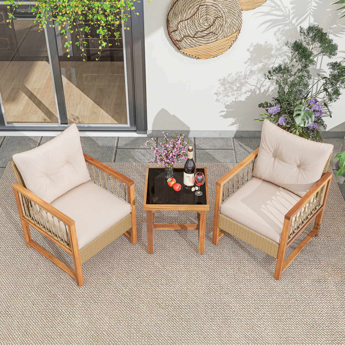 3-Piece Patio Furniture Set with Acacia Wood & Rattan - Brown