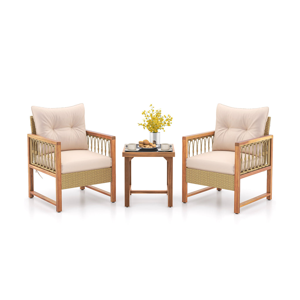 3-Piece Patio Furniture Set with Acacia Wood & Rattan - Brown